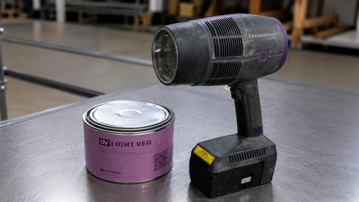 SCANGRIP のUV照射ライトと日本ペイントのUV硬化型パテ UV LIGHT VEIL