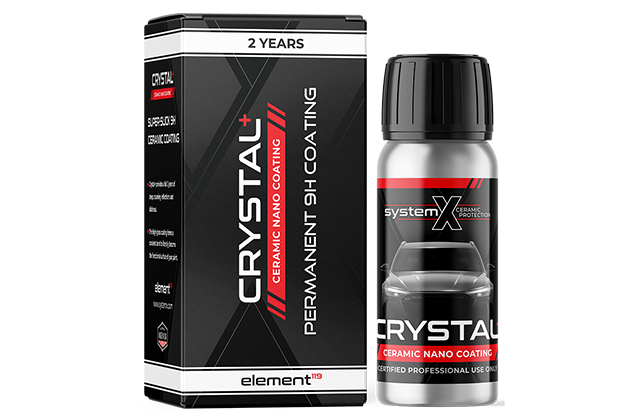 Ceramic nano coating kit with box labeled CRYSTAL+ and a bottle of coating fluid for cars, shown with a model car image on the bottle