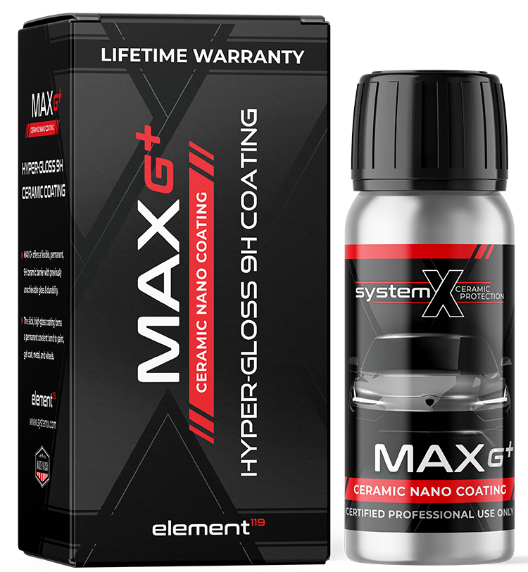Box and spray bottle of MAXG+ Ceramic Nano Coating with 'Lifetime Warranty' and 'Hyper-Gloss Coating' labels, System X branding, on a black package.