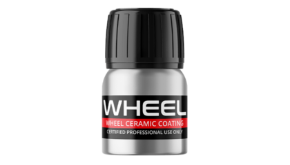 Bottle labeled 'WHEEL' with black cap, containing Wheel Ceramic Coating for professional car detailing