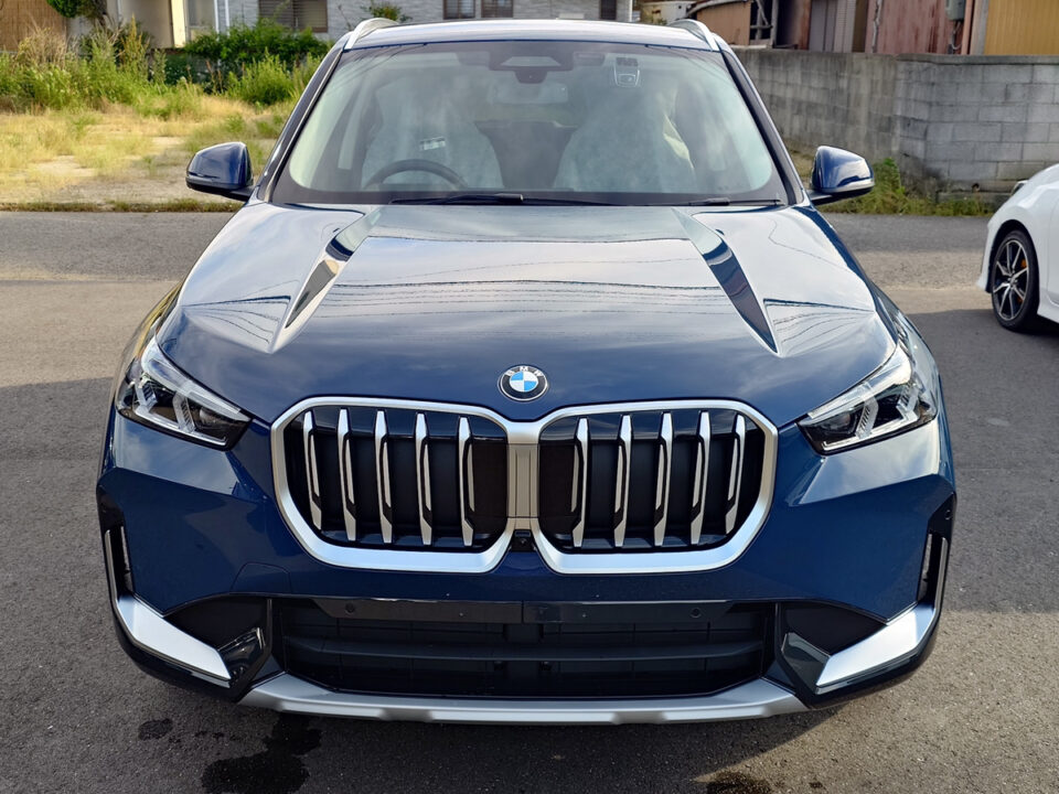 Front view of a blue BMW SUV with a large chrome kidney grille and angular headlights.