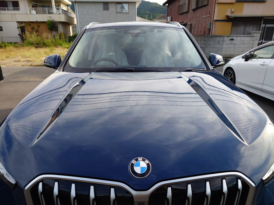 Front view of a dark blue BMW SUV showing the distinctive kidney grille and hood, parked outdoors.